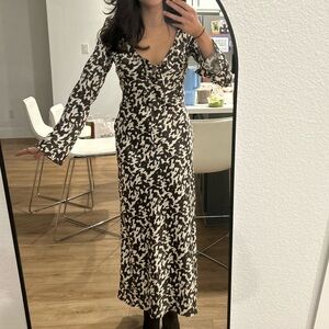 ZARA Brown White Satin Print Ruffle Long Sleeve Maxi Dress NWT